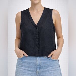 Eileen Fisher Black Vest  100% Linen Button Front Sleeveless Top Size M